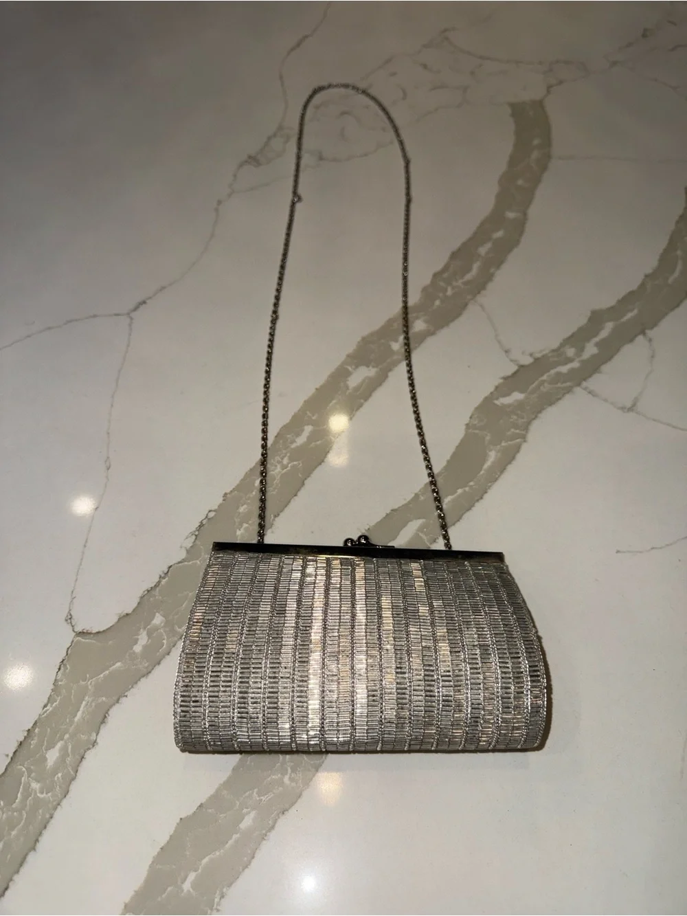 La Regale Vintage 80’s Silver Beaded Luxury Evening Clutch Metallic Clasp